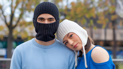 Couple in Balaclavas Embracing in Urban Setting with City Skyline Background