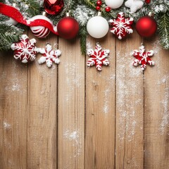 Fototapeta premium Festive Christmas ornaments and pine branches on rustic wooden surface, evoking holiday warmth.