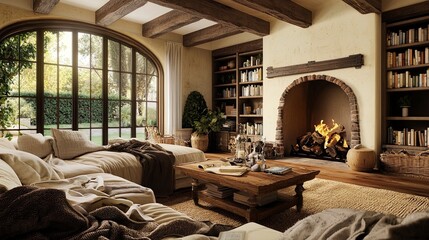 Warm and Cozy Living Room with Rustic Beams and Stone Fireplace - Generative AI