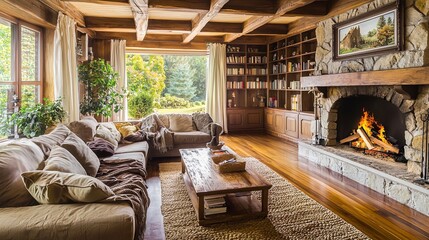 Warm and Cozy Living Room with Rustic Beams and Stone Fireplace - Generative AI