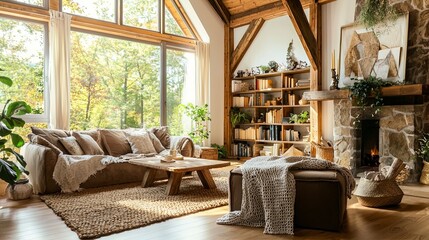 Warm and Cozy Living Room with Rustic Beams and Stone Fireplace - Generative AI