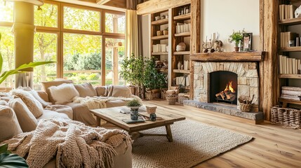 Warm and Cozy Living Room with Rustic Beams and Stone Fireplace - Generative AI