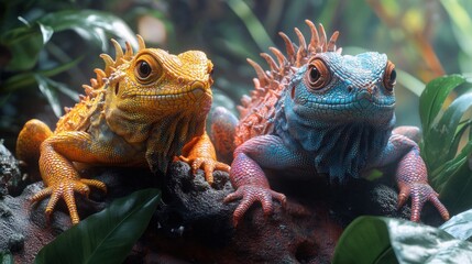Fototapeta premium Colorful lizards resting on a rock amidst lush foliage.