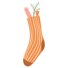 Christmas stocking with sweets and a twig, in flat vector style. Gift stocking hanging over the fireplace isolated on a white background. Christmas symbols