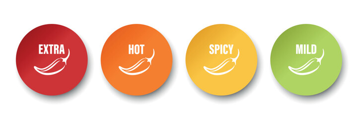 Realistic Vector Round Stickers with Spicy Chili Pepper Icon, Food Spicy Level. Red, Orange, Yellow, Green Jalapeno Pepper Strength Scale Sticker Indicators with Mild, Spicy, Hot and Extra Positions
