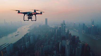 Drone capturing cityscape from a bird&acirc;&euro;&trade;s-eye view hypermaximalist advertising photography hyper realistic fine detail