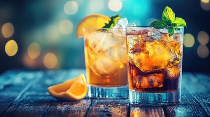 Two iced beverages garnished with mint leaves and lemon slices on wooden table bokeh lights in background