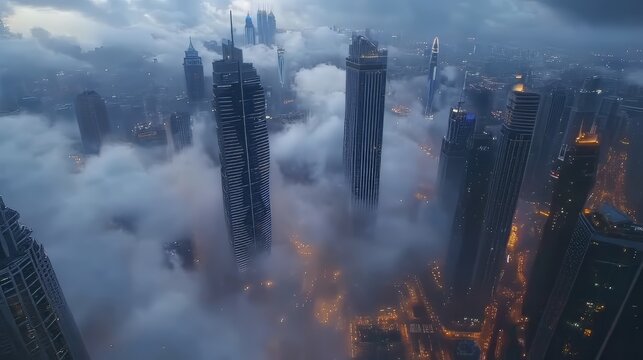 Drone capturing fog rolling between skyscrapers hypermaximalist advertising photography hyper realistic fine detail