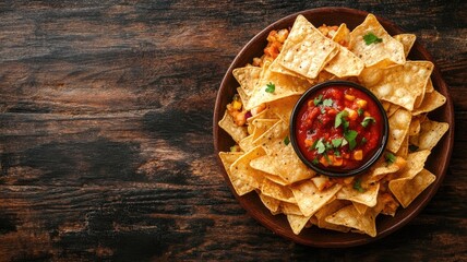 Tortilla chips with salsa on wooden table