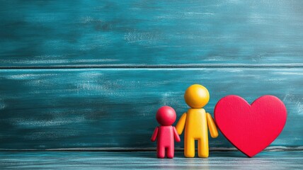 Two human-like figures and heart symbol against teal wooden background