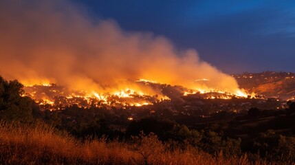 Obraz premium Wildfire Blazing Through a Hillside at Night