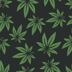 Fototapeta premium Vector Seamless Pattern with Flat Cannabis Leaves. Hemp, Cannabis Green Leaf on Black Background. Seamless Print with Medical Marijuana. Vector Illustration