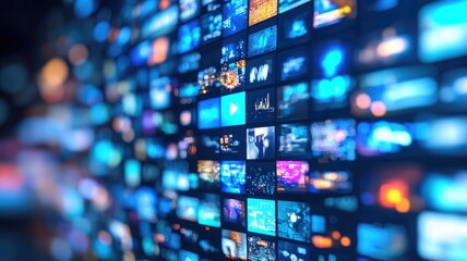Fototapeta premium Multiple screens displaying various colorful images and videos, creating digital media wall