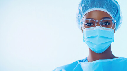 Surgeon in medical mask and glasses, half body portrait on white background