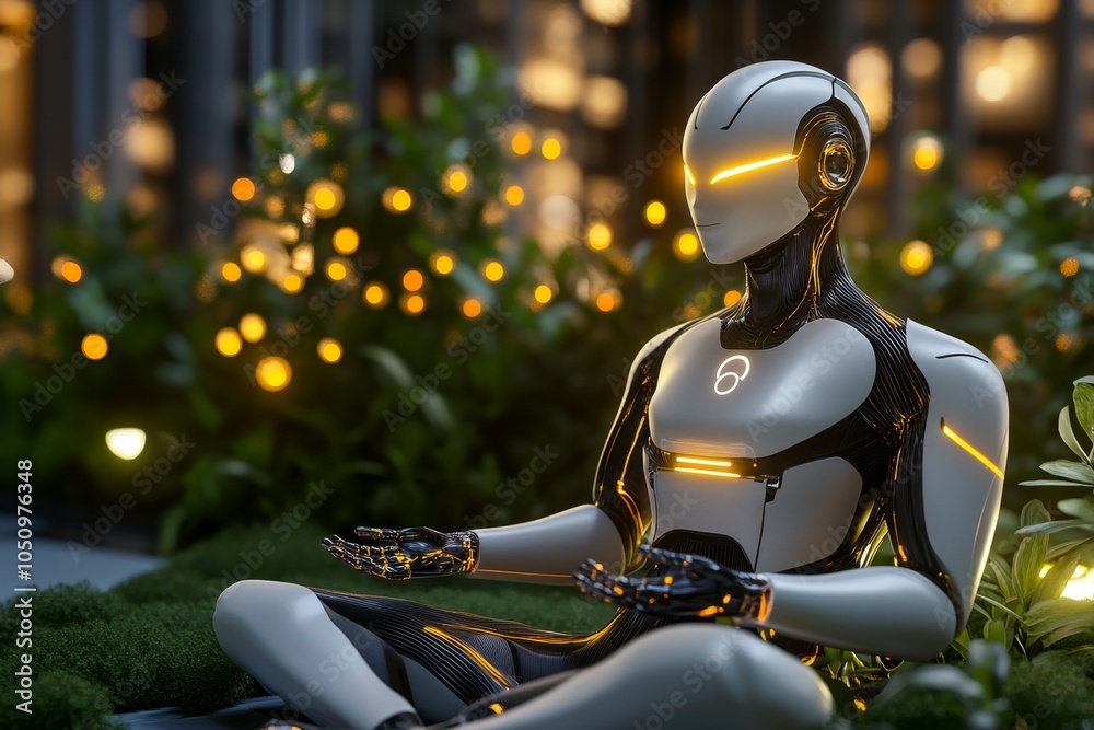 Aufkleber A digital 3D scene of a robot taking a deep breath of clean air in a futuristic garden, surrounded by sleek architecture and floating holographic plants