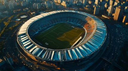 Drone circling a city stadium during a sports event hypermaximalist advertising photography hyper realistic fine detail