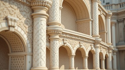 Ornate arches and columns of a building, intricate design, historical architecture, sunlight casting shadows. Generative, AI,