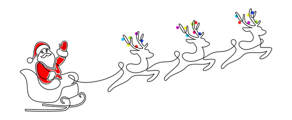 One continuous line drawing of christmas reindeer and Santa Claus. Wild animal deer with antlers is dynamic silhouette in simple linear style. Elegance editable stroke. Doodle vector illustration © Olga Rai
