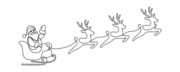 Obraz premium One continuous line drawing of christmas reindeer and Santa Claus. Wild animal deer with antlers is dynamic silhouette in simple linear style. Elegance editable stroke. Doodle vector illustration