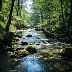 Spring forest nature landscape, beautiful spring stream, river rocks in mountain forest.  Tropical rainforest.  Generative AI.