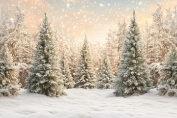 Obraz premium Snow-covered evergreen trees in a serene winter forest landscape under a clear blue sky.