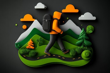 A minimalist depiction of a person hitting the road with a backpack, walking along a road with abstract shapes representing mountains and sky