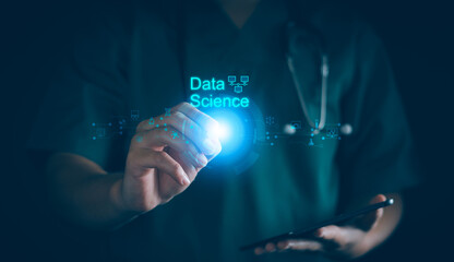 Data scientists, Scientist using tablet analyzing and development at various information on futuristic virtual interface, AI, Algorithm, marketing and deep learning of artificial intelligence