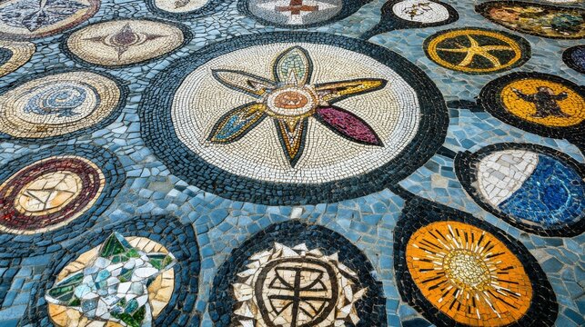 Religious tolerance symbolized by a mosaic of diverse religious symbols on a courtyard floor, Reflecting unity amidst spiritual diversity, photography style