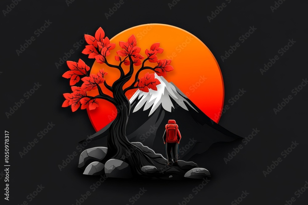 Aufkleber a minimalist design of a mountain with a small figure hiking up the side, capturing the grandeur of 