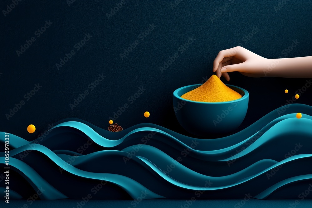 Poster A minimalist design of a person pounding spices in a mortar, represented with soft, abstract shapes and flowing lines
