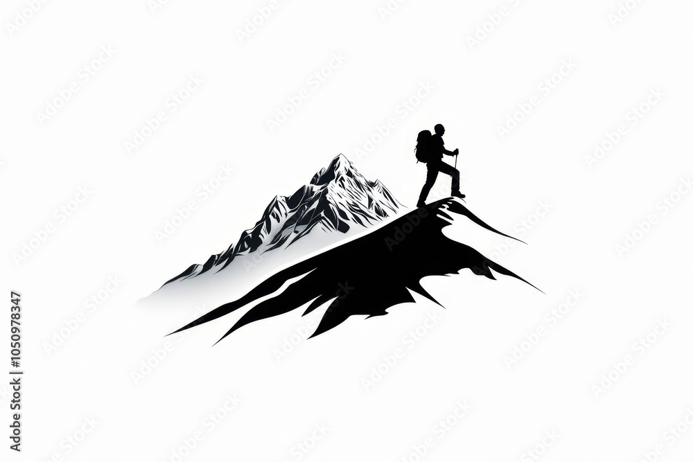 Fototapete a minimalist design of a mountain with a small figure hiking up the side, capturing the grandeur of 