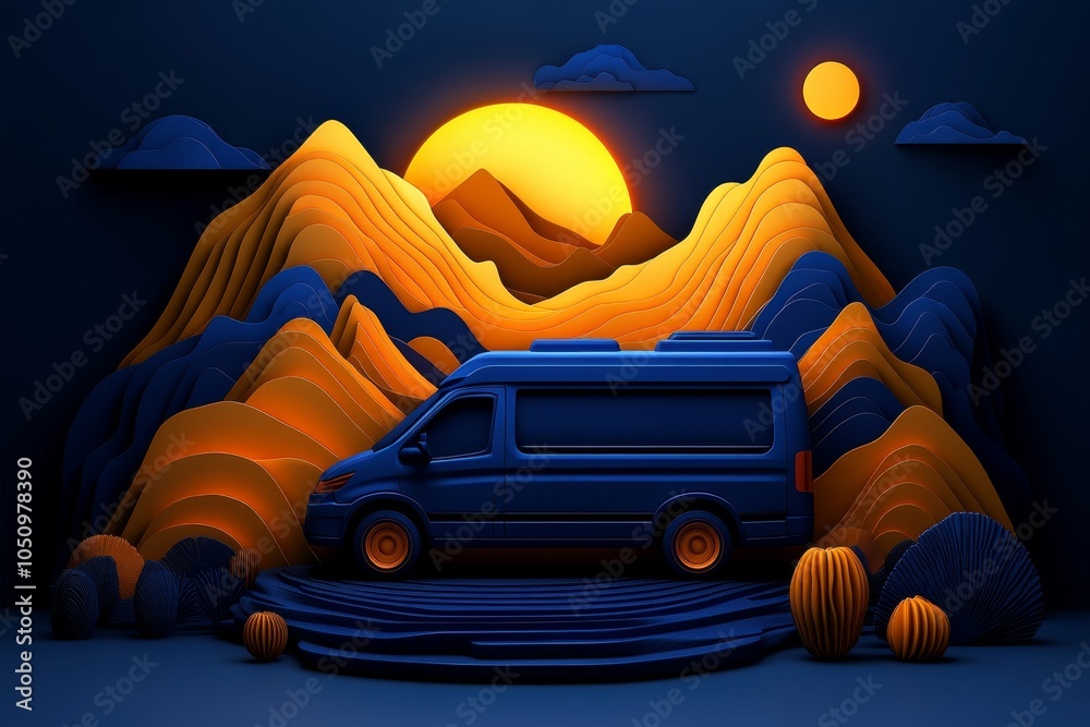 Poster a minimalist design of a van hitting the road, with soft, flowing shapes capturing the movement and 