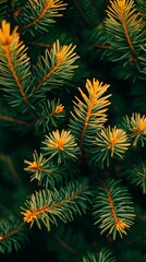 Close-up of a pine tree branch with vibrant yellow needles against a blurred natural background.