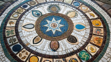 Obraz premium Religious tolerance symbolized by a mosaic of diverse religious symbols on a courtyard floor, Reflecting unity amidst spiritual diversity, photography style
