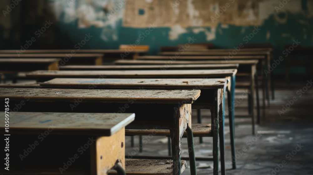 Poster rows of empty school desks in a neglected classroom, symbolizing the educational challenges in under
