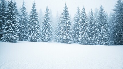 Obraz premium Snow-covered pine trees in a tranquil winter forest under a clear blue sky.