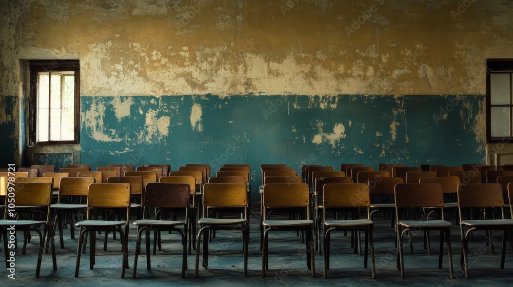 Aufkleber rows of empty school desks in a neglected classroom, symbolizing the educational challenges in under