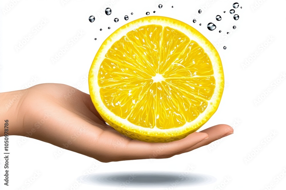 Poster a minimalist illustration of a hand squeezing a lemon, with simple, clean lines and juice droplets f