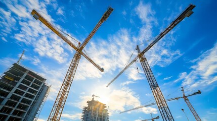 Fototapeta premium Drone exploring urban development zones with cranes hypermaximalist advertising photography hyper realistic fine detail