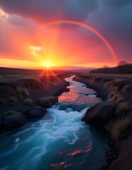 Fototapeta premium A serene river cascading down a barren landscape with a vibrant rainbow arching across the sunset horizon