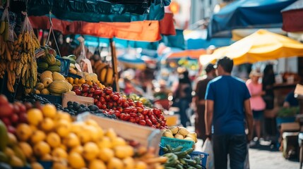 Obraz premium Socioeconomic equality symbolized by a bustling city street market where vendors of diverse socioeconomic backgrounds sell local produce, Reflecting economic empowerment, photography style