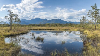 Serene Landscape with Reflection in Tranquil Wetlands