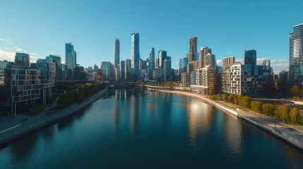 Drone filming a modern skyline under clear blue skies hypermaximalist advertising photography hyper realistic fine detail