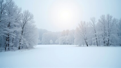 Obraz premium A serene winter landscape with snow-covered trees and a soft glowing sun. Generative, AI,