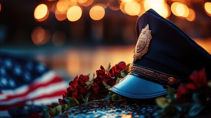 Police hat and roses on memorial with flag