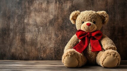Obraz premium Soft, brown bear with red bow on textured surface