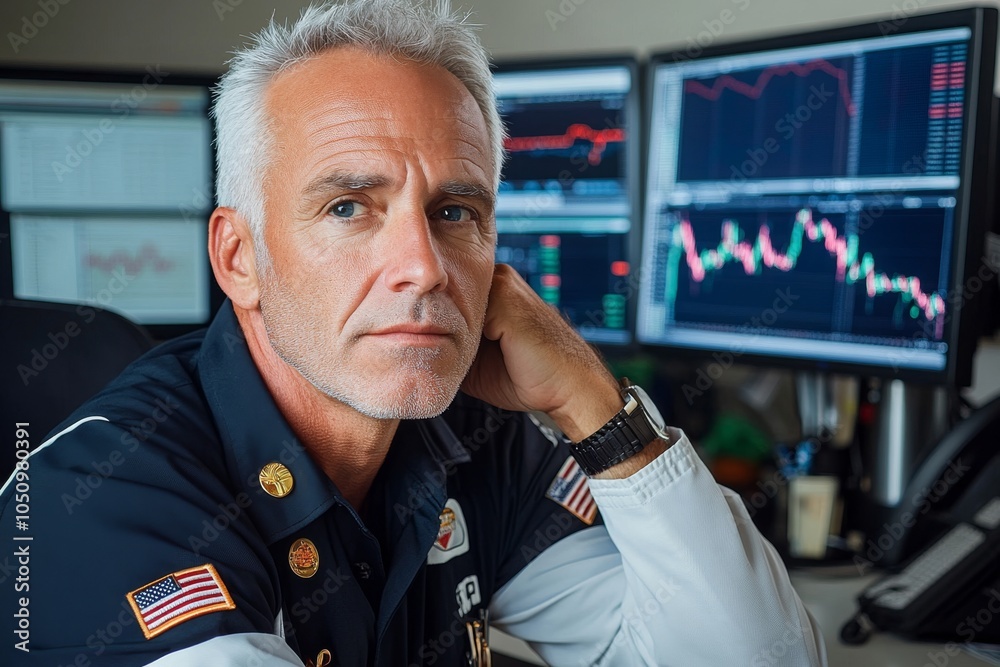 Leinwandbilder A stock trader in a busy office, closely monitoring multiple computer screens displaying real-time stock market data