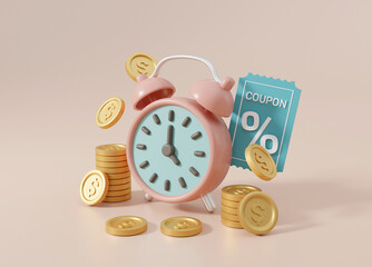 3D rendered illustration of a concept icon of time-sensitive savings. This image features a pastel colored alarm clock. Blue coupon with percentage symbol and a pile of gold coins on beige background
