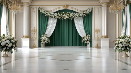 uxurious wedding backdrop with a combination of velvet drapery in deep emerald green, gold accents, and lush floral arrangements in white and green.
