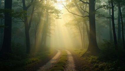 Obraz premium Sunlight streams through mist in a lush forest, illuminating a dirt path and vibrant green foliage. Generative, AI,